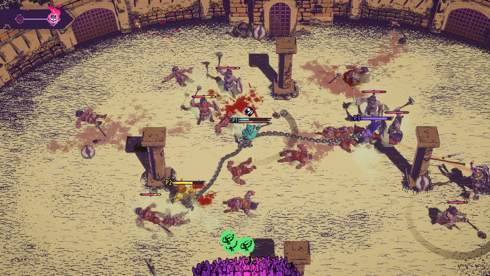 Chained gladiators fighting together in the Carthage arena